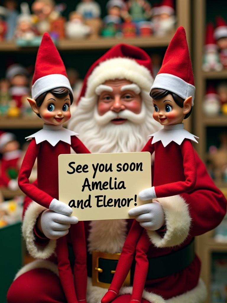 Two elves are in red outfits. They hold a sign that says See you soon Amelia and Eleanor. Santa Claus stands behind them in a toy workshop surrounded by toys and elves working.