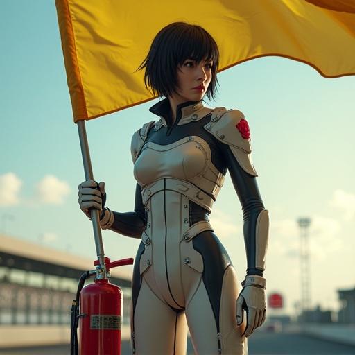 Character holds fire extinguisher and yellow flag at racing circuit. Female figure in futuristic suit with short hair. Dynamic pose captures intensity of racing environment.