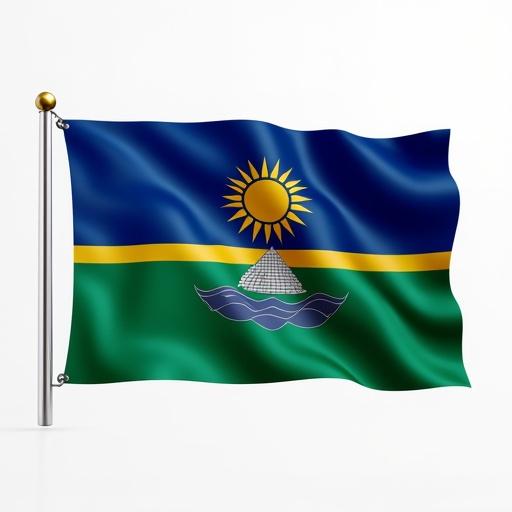 Flag of Tlaulunona City with deep blue top half representing the ocean. Thin gold stripe for wealth showcases the Golden Island. Bottom half in emerald green reflects lush highlands and agriculture. Central emblem features stylized sun above wave motif with silver pyramid outline symbolizing history.