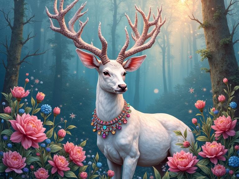 A serene silver deer with antlers decorated by colorful gemstones. The deer wears a jeweled necklace. The setting includes large pearl flowers in a soft-lit forest. The image showcases mother-of-pearl colors and pastel tones, creating an ethereal atmosphere.