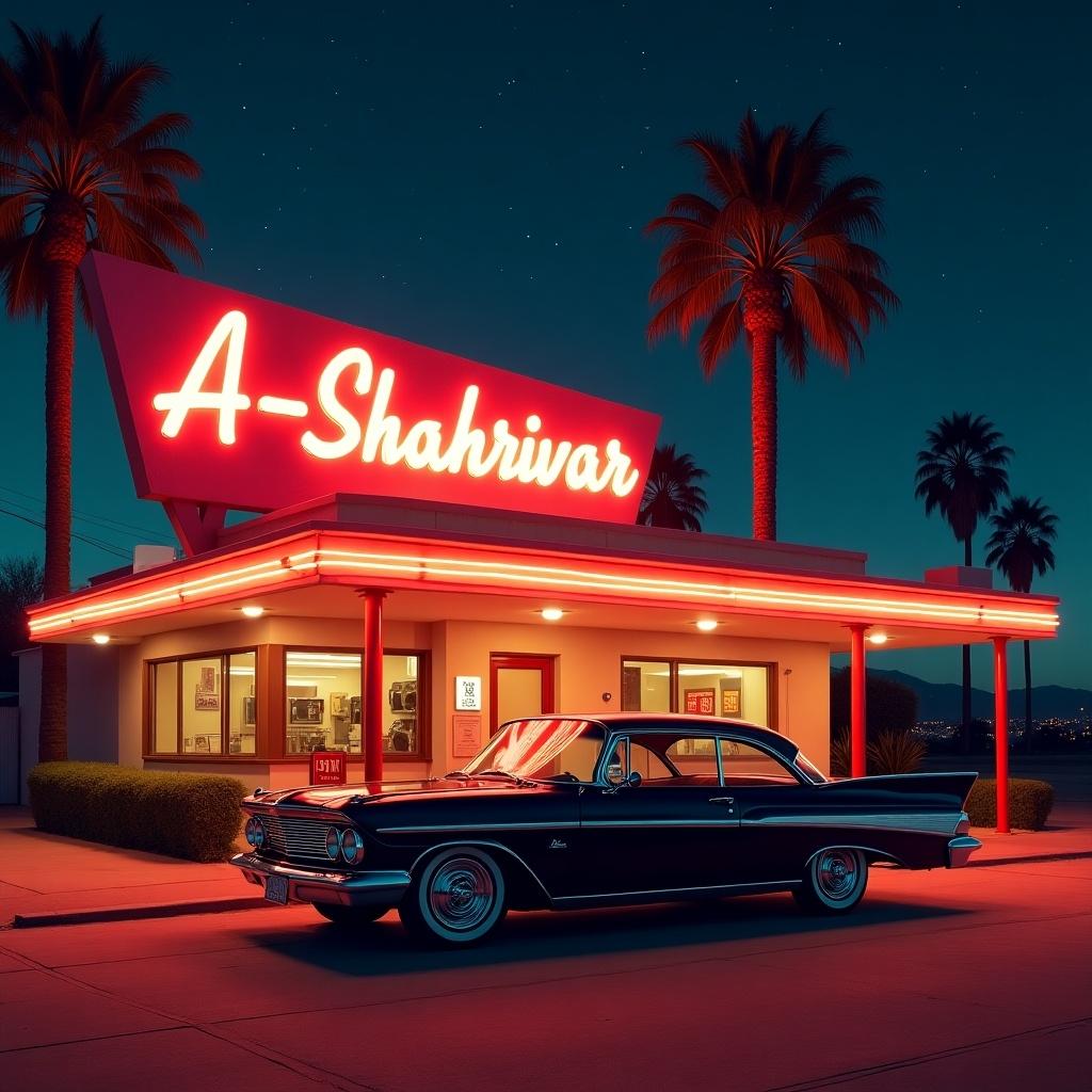 Classic motel named A-Shahrivar lit up by neon signs at night. Vintage black Chevrolet parked in front. Scene includes tall palm trees and a starry sky. Colors are vibrant with red orange and soft blues. Atmosphere evokes adventure and nostalgia of simpler times.