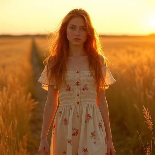 Wide shot of an open meadow during golden hour. Bright horizon with warm light. Girl walking barefoot. Floral sundress flowing in the wind. Long red hair catching the light. She pauses, tilting her head back, gentle expression, green eyes gazing calmly at the camera. Background slightly blurred, focus on her eyes. Sense of stillness and natural beauty.