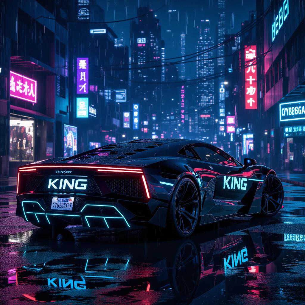Ultra-realistic render of a cyberpunk hypercar in black paint. Car has sharp angular design and glowing neon elements. Word KING displayed in white font on sides. License plate reads CYBERGARAGE. Parked on wet street in futuristic city at night. Surrounded by neon signs and holograms. Reflections of blue, purple and pink on car. Headlights emit white-blue light. Carbon fiber trims detail the vehicle. Rain-soaked environment. Digital dystopia vibe.