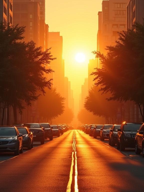 City scene on a scorching summer day. Streets shimmer due to heat haze. Sun sets on the horizon casting a golden glow.