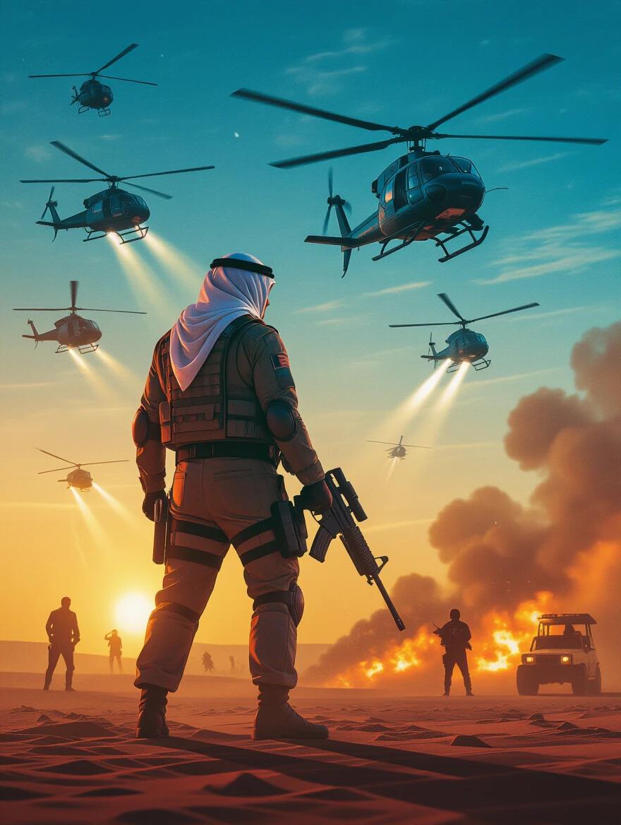 A soldier stands with a gun in a desert landscape. Helicopters fly overhead with bright sunset colors in the background. Explosions occur in the distance. The scene captures a vivid and dramatic 80s action movie style in HDR.