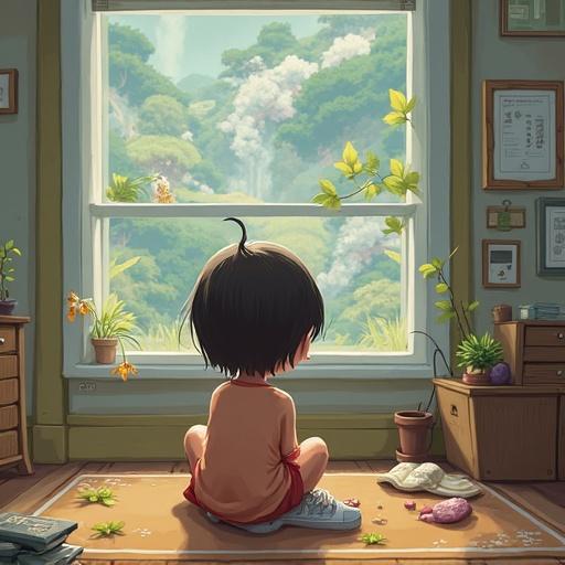 A child sits on the floor with back to the viewer. Natural light fills a room through a window. The view outside shows lush greenery. The room features plants and books, creating a cozy atmosphere.