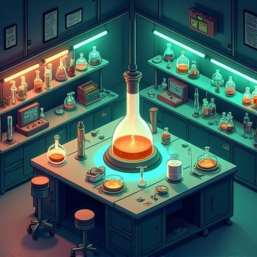 A science lab features glowing tubes and a central containment tank. Beakers glow neon green and orange. The style is isometric cartoon with minimal retro-futurism. The atmosphere is curious and slightly dangerous. Table setup is symmetrical with glowing overhead tubes and radial light spill.