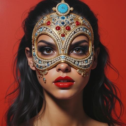 A hyperrealistic painting of a woman wearing an ornate mask. The mask features jewels and intricate designs. The background is a bold red. The focus is on her striking makeup and the detailed mask.