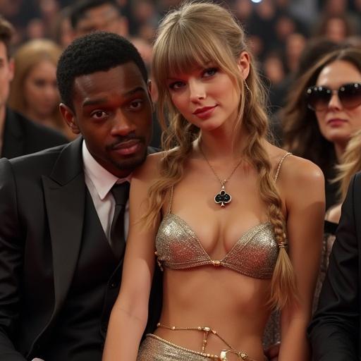 Photorealistic image of a young slender woman in a gold bikini top and silver miniskirt. She is in the front row of an awards show sitting very close to an older black man. She has long blonde hair and smiling. A sign in her hand says 'no chance for white boys'.