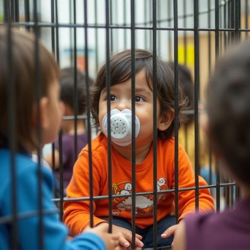 Child sitting in a small cage during classroom recess. Other children are laughing. Child has a large pacifier in the mouth.