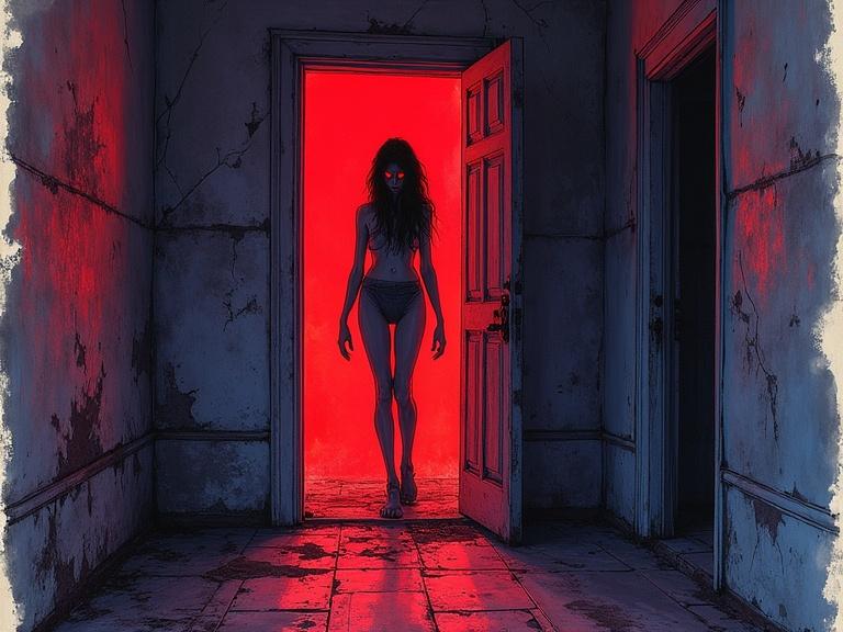 Expressive colored ink drawing shows first-person view inside decaying house. A shattered doorway spills vibrant crimson light. A seductive-yet-terrifying female figure is backlit by glow. She has elongated limbs, a predatory grin, and glowing red eyes. The ink wash textures feature burgundy and indigo with splattered ink droplets and cross-hatched shadows. Peeling wallpaper has watercolor bleeds. There is a dramatic contrast of light and shadow.