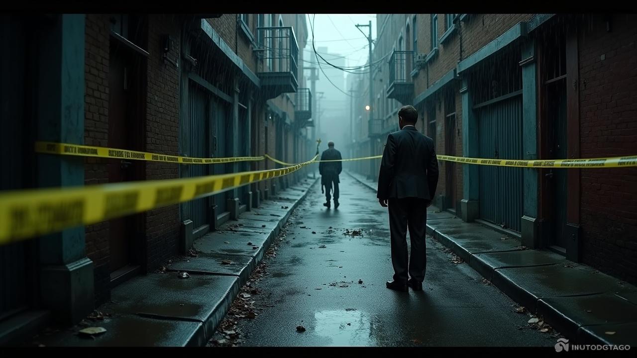 The scene depicts a gloomy, rain-soaked alley where police tape surrounds a dead body. A military officer stands at a distance, appearing pale and shocked. Detectives work methodically around the scene, examining evidence. The rain falls heavily, adding a layer of tragedy to the atmosphere. The overall vibe is dark and somber, filled with grief, enhancing the tension of the investigation. The muted colors contribute to the heavy emotional weight of the moment. Such an image evokes feelings of tragedy and intrigue, drawing viewers into a narrative of mystery.