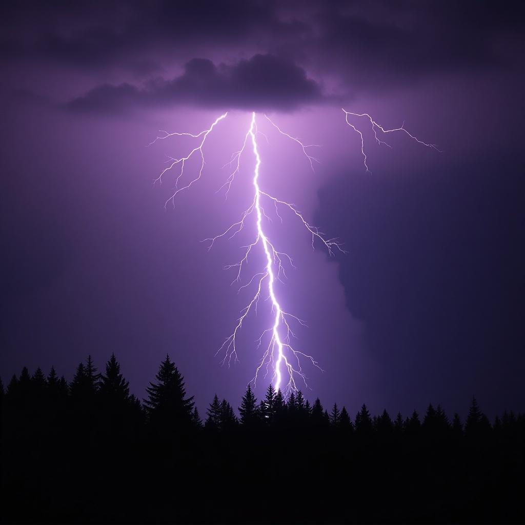 The image captures a striking lightning bolt in the sky above a dark forest. The bolt illuminates the surroundings with a brilliant purple hue, creating a dramatic contrast against the dark clouds. This natural phenomenon evokes a sense of awe and power. The perspective shows the bolt as it descends toward the treetops, emphasizing the scale and intensity of the storm. The overall atmosphere is charged with energy and tension, typical of a thunderstorm during the 2010s. This striking capture showcases the beauty of nature's force, marked by vivid color and energy.