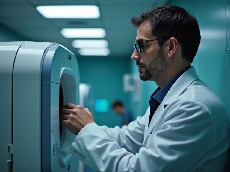 A man in a MRT scanner setup. A medical professional operates equipment. Hospital environment with soft lighting and clean lines.