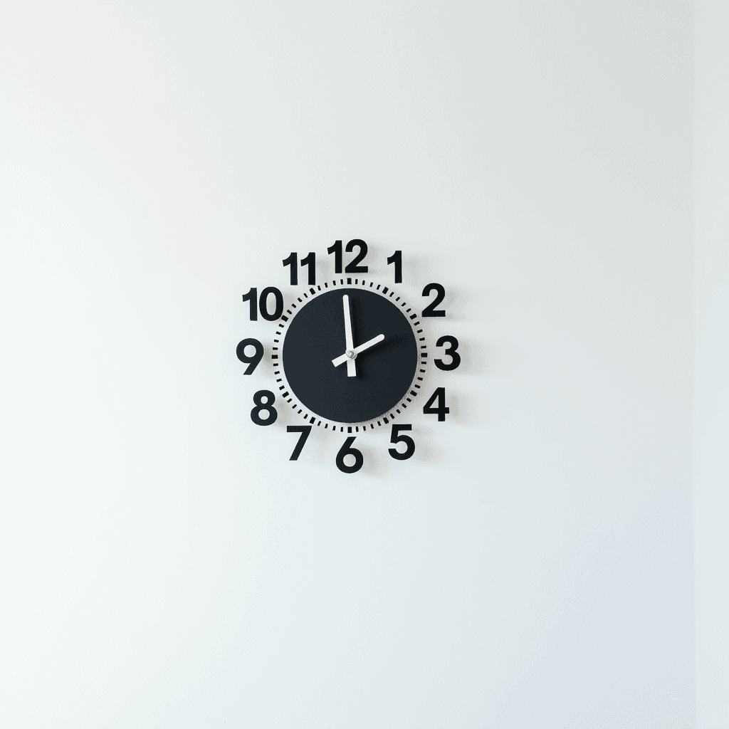 A simple, modern clock with bold black numbers and minimalist hands on a white wall.