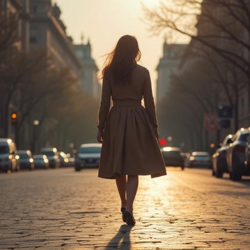 Silhouette of a woman walking down the street during golden hour. Buildings and trees are visible in the background. Soft lighting enhances the atmosphere.