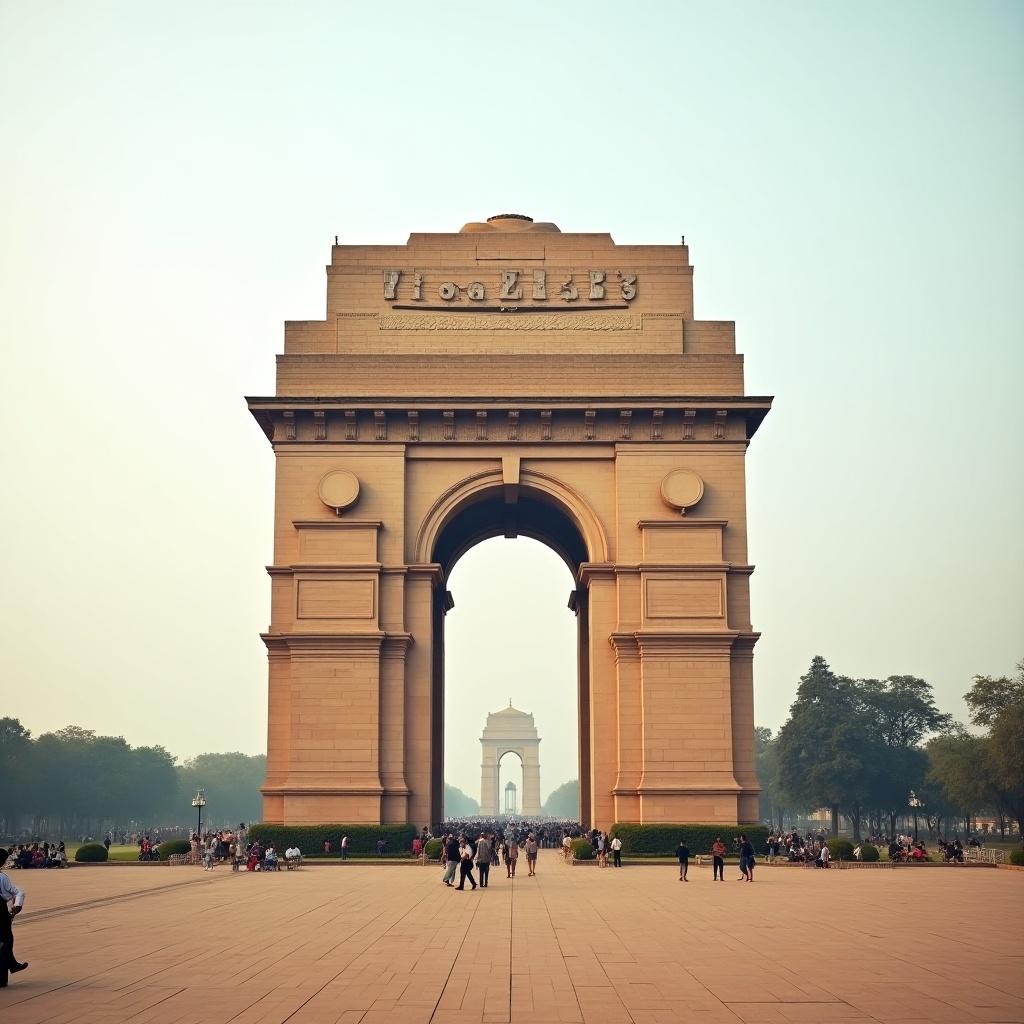 Indian architectural structure visible in India Gate. The image taken from an orthographic or zoomed out perspective. Large open area in front for image manipulation.