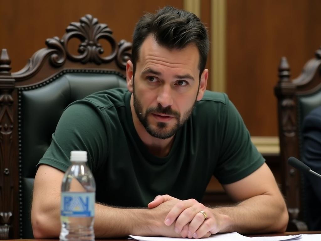The image features a male with short dark hair and a beard, wearing a dark green t-shirt. He has a serious expression and is seated at a table, appearing deep in thought or concentration. The setting suggests a formal meeting environment, indicated by the ornate design of the chair and the presence of a microphone nearby. There is a water bottle and written documents in the foreground, with soft, natural lighting illuminating the scene.