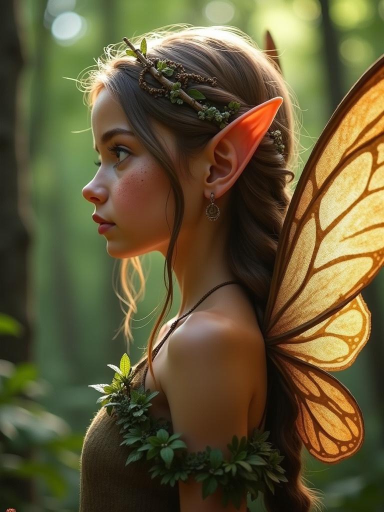 Profile image of a wood elf girl with fairy wings. She has tan brown skin and freckles. The background features a lush forest atmosphere.