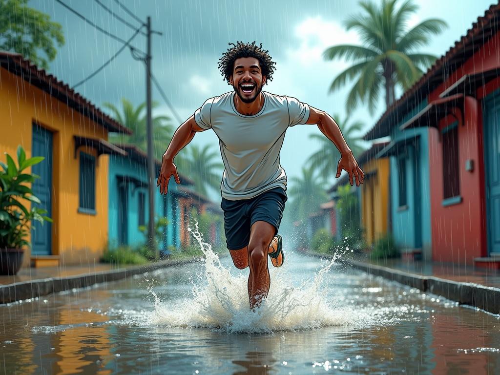 Young Dominican man with athletic build running joyfully in flooded street. Wearing wet white t-shirt and dark shorts. Colorful Caribbean houses in background. Heavy rain and stormy sky enhance tropical atmosphere.