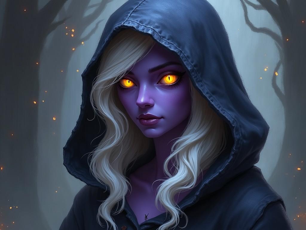 A mystical woman with glowing eyes in a dark forest, wearing a hood and having purple skin