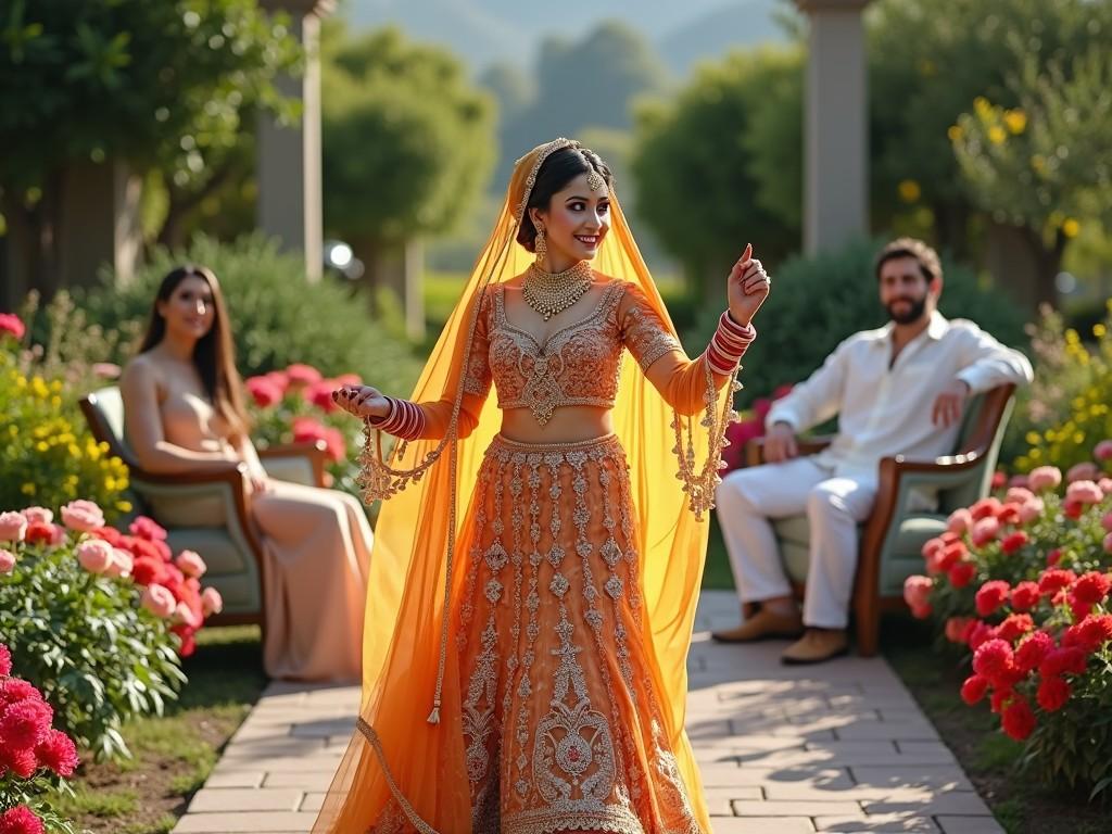 A woman in traditional orange attire smiling and dancing in a garden, with two people sitting in the background surrounded by flowers.