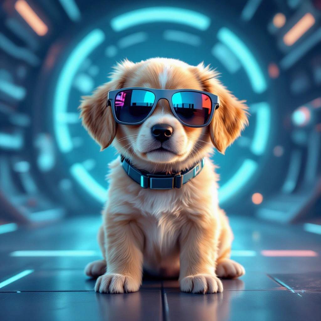 Puppy wearing sunglasses in a futuristic scene. Cute dog sits confidently against a glowing backdrop. Neon lights create a vibrant atmosphere.