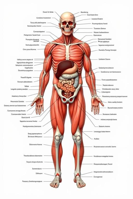 Cover page illustration of human physiology with labeled anatomy. Detailed representation of body systems. Colorful and educational design suitable for learning materials.