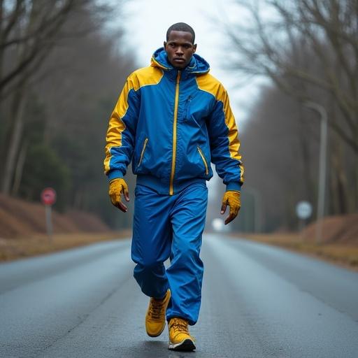 A muscular man in a blue and yellow jacket confidently walking on the road. The figure represents athletic style and streetwear aesthetic.