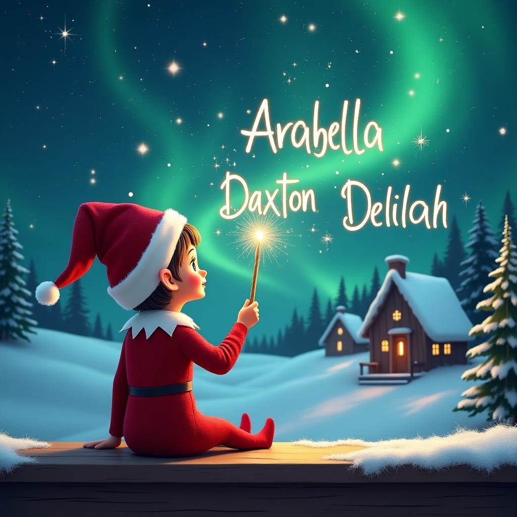 An elf sits on a wooden ledge with its back to the camera, gazing at a magical sky. The elf, dressed in a red outfit with a pointed hat, holds a sparkling wand. With the wand, the elf elegantly writes the names 'Arabella', ‘Daxton’, and 'Delilah' in the starry sky. The background features a snowy landscape with charming little houses and evergreen trees under the shimmering Northern Lights. This whimsical scene captures the essence of childhood magic and Christmas cheer.