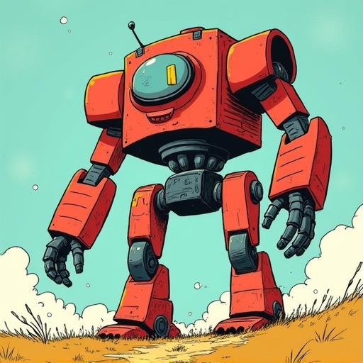 A giant mecha in the whimsical style of Dr. Seuss. The mecha has a cartoonish appearance with a large body and oversized limbs. The setting features a bright sky and grassy ground.