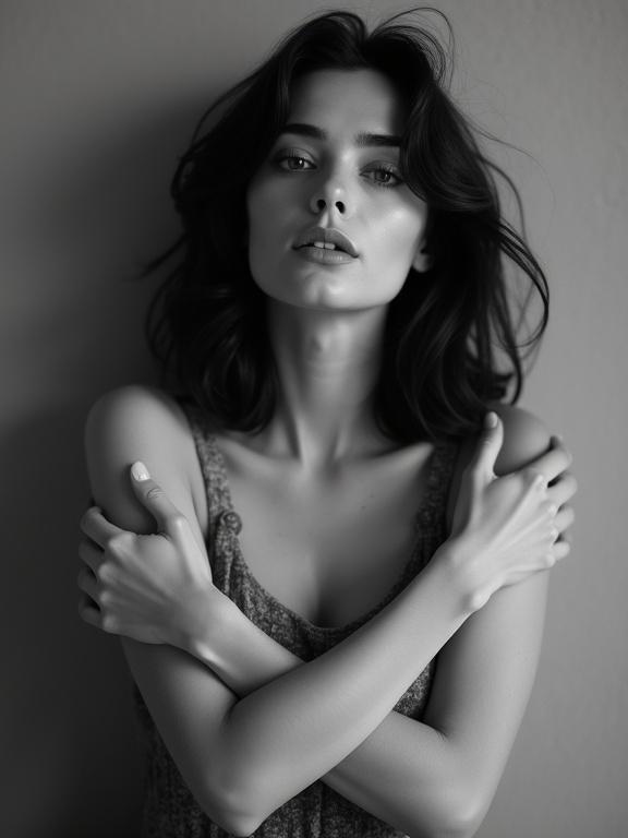 Black and white fine art portrait photograph. Young woman with wavy shoulder-length dark hair. Captured in medium close-up frame against softly textured backdrop. Subject gazes directly at camera with contemplative expression. Face tilted slightly upward. Arms crossed over chest in modest pose. Professional studio lighting creates dramatic shadows and highlights. Shallow depth of field isolates subject. Careful post-processing enhances contrast and skin texture. Medium close-up black and white portrait photography.