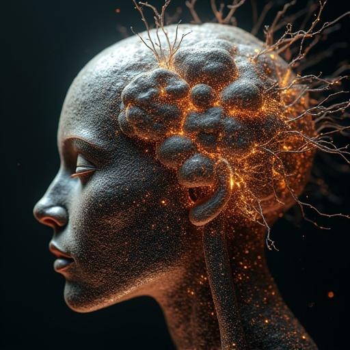 A conceptual design showcasing a humanoid head with biometrical spheres. The design emphasizes high tech elements and intricate details similar to DMT neurons.