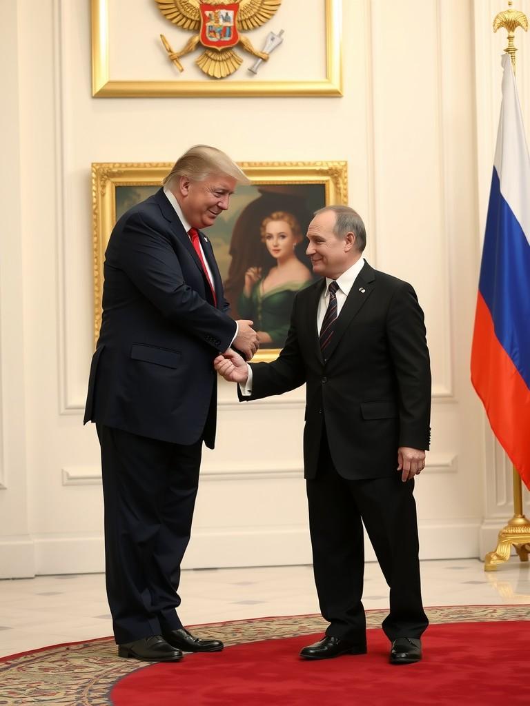 Two suited individuals in a formal setting shaking hands, with a painting and a flag in the background.