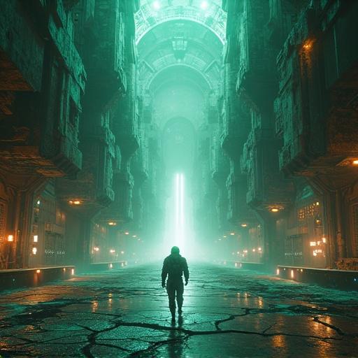A colossal decaying spaceport floats in a nebula-choked void. Derelict starships dock at corroded piers. Holographic projections display star maps. A concourse glows with toxic-green data streams. A spectral figure in flight gear walks toward a blinding stargate. Cinematic lighting contrasts neon and deep shadows. Highly detailed textures. Shot in hyperrealistic style at 8K resolution.