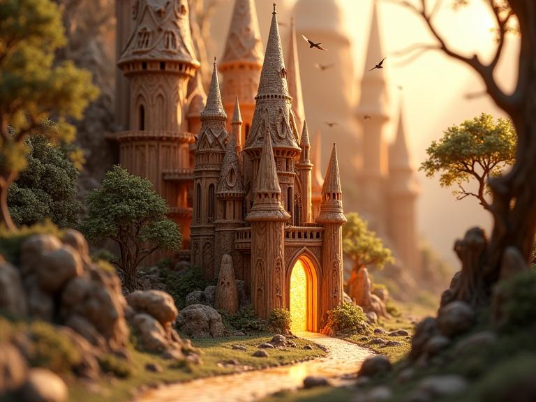 A hyper-detailed fantasy castle carved into a giant wooden pencil. Gothic towers and whimsical turrets rise from the woodgrain. A glowing river of light flows through an arched gateway into the castle. Birds soar, representing imagination. The environment is warm and magical, blending creativity with storytelling.