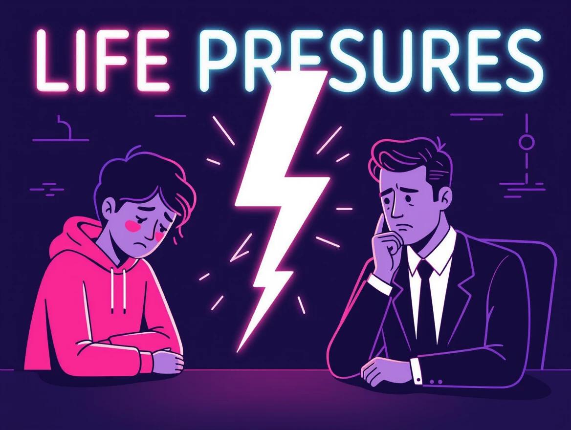 Illustration shows a sad young person on the left and a frustrated businessman on the right. Bold lightning bolt between them represents conflict. Uses soft neon colors like pink and purple. Minimal cyberpunk-inspired design appropriate for presentations.
