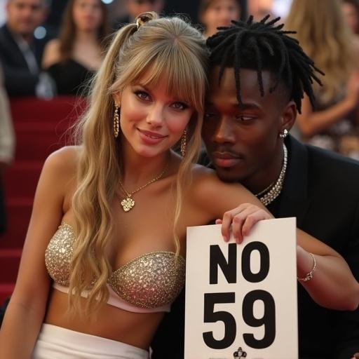 Photorealistic image features young woman with long blonde twintails in gold bikini top and white miniskirt. She sits close to her male rapper boyfriend on the red carpet, looking happy while holding a sign. Both of them showcase a fashionable and joyful appearance.