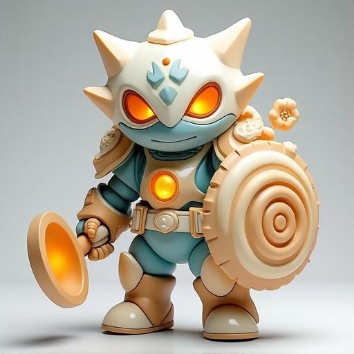 Design a sturdy defender figure with armor resembling a spiral seashell. It features a rotating conch-shell shield with a fluorescent orange core. A detachable galea-shaped mace emerges from the backplate. The mask has glowing orange eyes with shell motifs and a conch chest emblem. The color scheme includes sandy beige, ocean blue, white, and translucent pearl. The design should evoke a plush toy quality but rendered in glossy PVC.