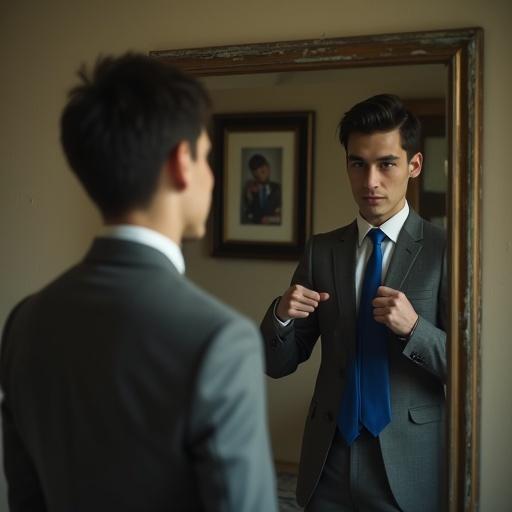 Cinematic medium close-up photograph of a young man standing before a worn wall mirror in a residential interior. He wears a tailored grey suit jacket with a white dress shirt while adjusting a royal blue tie. Dramatic side lighting and desaturated color palette create a moody atmosphere. Shallow depth of field emphasizes his concentrated expression. A framed family photograph hangs in the soft-focused background on the beige wall.