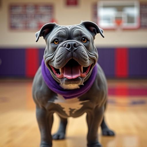 A cheerful airbrushed gray bulldog with two legs and two arms. The dog wears a purple collar. The setting is a high school gym. In the background, the Saint Louis Cardinals baseball mascot Fredbird smiles.