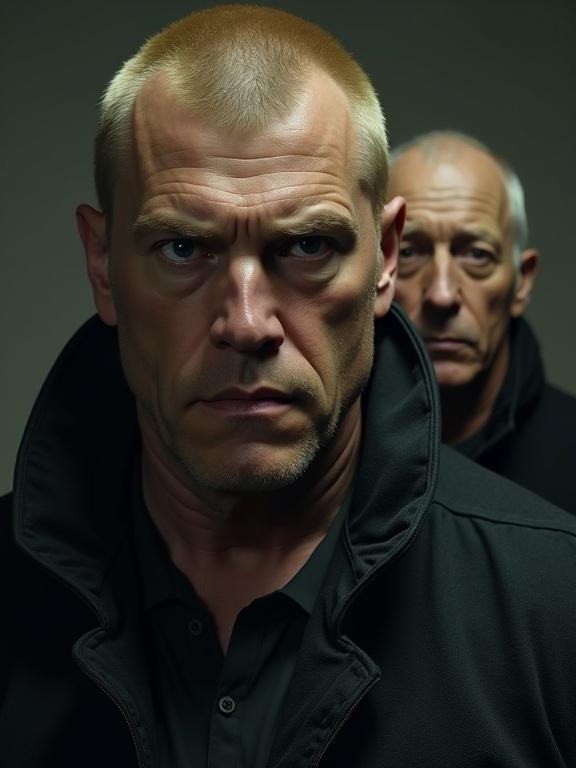 A large man with short cropped blond hair and dark clothing stands in the foreground. He has a square head and a menacing expression. Behind him, another man with a thin face and long nose looks over his shoulder into the camera. The scene is dark and moody.
