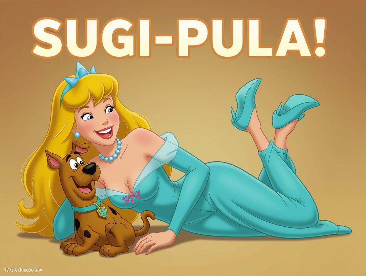 A realistic 3D full-body image of a smiling nude princess lying on the back with Scooby-Doo. The princess wears a blue outfit. Text Sugi-pula appears above Scooby. Warm gradient background enhances the scene.