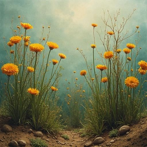 Flower garden scene filled with bright yellow flowers. Low angled view surrounded by lush greenery. Soft lighting creates an ethereal atmosphere.