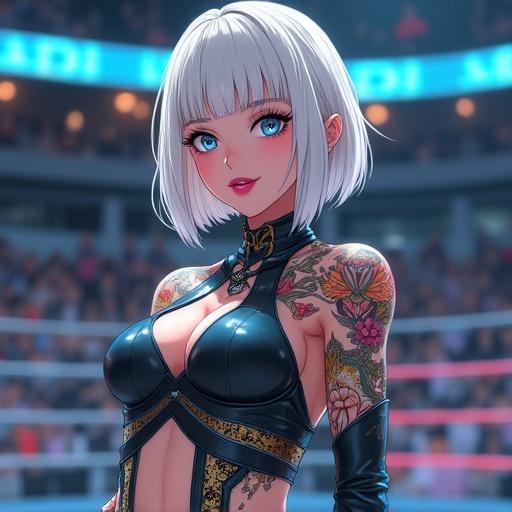 Anime character in martial arts stadium. Woman with frosted blue eyes and oversized light blonde bob. Beautiful face with piercings wearing modern ninja bodysuit. Extroverted grin. Half Japanese half Saiyan. Summer night in Sydney. Multiple tattoos and noticeable muscular features. Standing dominating presence.