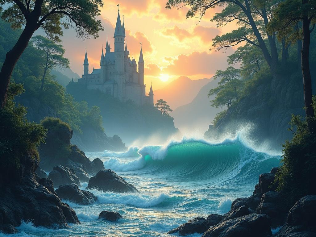 Castle surrounded by forest and mountains. Waves crashing in the foreground with a sunset in the background. The scene evokes a mystical atmosphere.