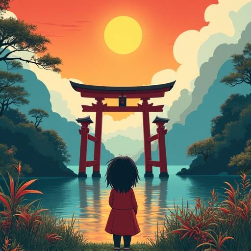 Ghibli style landscape with a girl standing in front of a Torii gate during sunset. Bright colors reflect in water. Lush nature surrounds the scene.