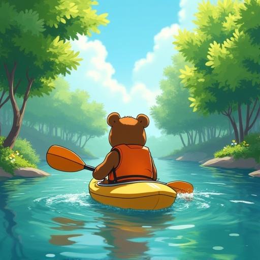 Anime style image featuring a bear cub in an orange life jacket paddling a kayak down a mid-river. The scene captures crystal clear water reflections surrounded by lush green trees overhanging the riverbanks. It's a vibrant May landscape with soft sunlight filtering through leaves. The background is inspired by Studio Ghibli, showcasing detailed water ripples and a cheerful adventure atmosphere.
