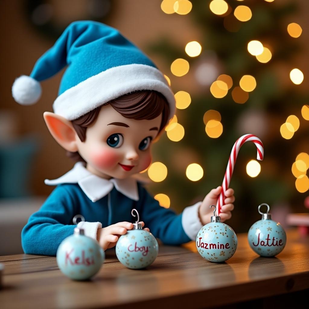 A charming Christmas elf dressed in cheerful blue attire, complete with a hat, is focused on writing names on decorative baubles. The elf has a playful expression and is sitting at a wooden table surrounded by holiday decorations. The background features a softly lit Christmas tree adorned with twinkling lights. The elf holds a red and white candy cane, adding to the festive atmosphere. This scene evokes a sense of holiday cheer and delightful anticipation. The names being written include 'Kelsi', 'Coby', 'Lewis', 'Jazmine', and 'Lottie', emphasizing a personal touch for the festive season.