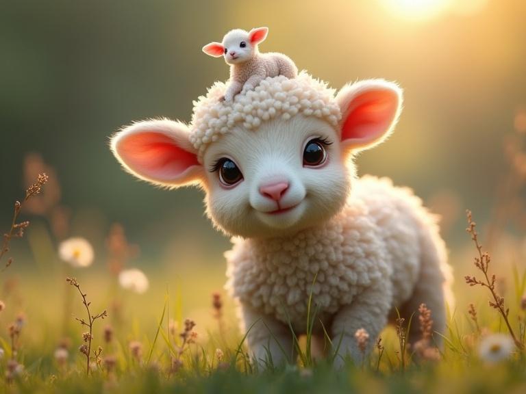 Baby lamb has a micro baby lamb sitting on its head. Scene is magical and happy. It's hyper-realistic digital artwork with high detail.